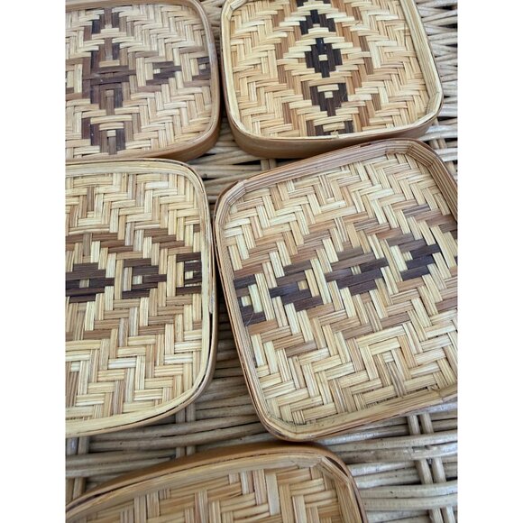 Vintage 70s Wicker Rattan Set of 5 coasters Barware Retro Boho - Picture 11 of 12